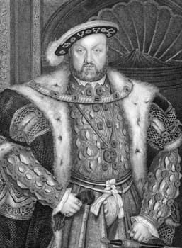 Henry VIII (1491-1547) on engraving from 1838. King of England during 1509-1547. Engraved by W.T.Fry after a painting by Holbein.