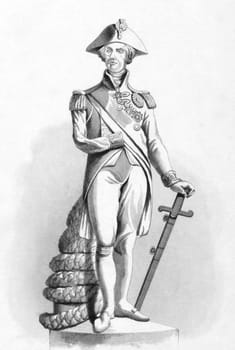 Horatio Nelson, 1st Viscount Nelson (1758-1805) statue in trafalgar square on engraving from the 1800s. English flag officer famous for his service in the Royal Navy, particularly during the Napoleonic Wars. Engraved by C.Fenn.
