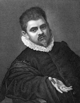 Agostino Carracci (or Caracci) (1557-1602) on copper engraving from 1841. Italian painter and printmaker. Engraved by G.Rivera from a drawing by G.Marrubini after a self portait by Carracci.