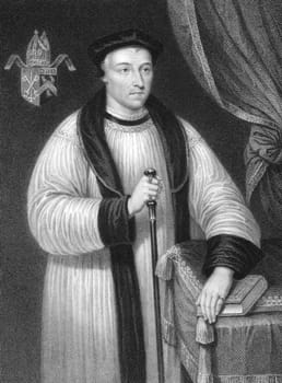 Hugh Oldham (1452-1519) on engraving from the 1800s.  Bishop of Exeter and a notable patron of education. Engraved by W.Holl and published by Fisher, Son &amp  Co, London in 1835.