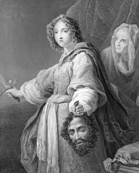 Judith with the Head of Holofernes on engraving from 1846. Engraved by J.Carter after a painting by Allori.