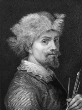 Lodovico Cardi aka Cigoli (1559-1613) on copper engraving from 1841. Italian painter and architect of the late Mannerist and early Baroque period. Engraved by L.Livalli from a drawing by G.Tubino after a self portrait by Cigoli.