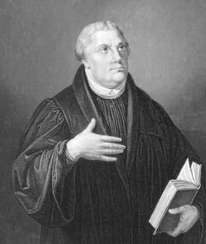 Martin Luther (1483-1546) on engraving from the 1800s. Priest and theology professor. Leader of the great religious revolt of the 16th century in Germany. Engraved by W &amp  F. Holl from a painting by Lucas Cranach and published in London by Blackie &amp