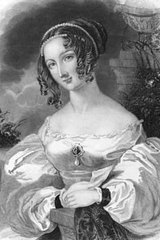 British woman on engraving from the 1800s. Engraved by A.L.Dick from a drawing by F.Corbeaux and published by the Ladies Companion.