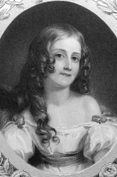 Lady Adela C.M. Villiers on engraving from 1850. Engraved by J. Posselwhite after W. C. Ross and published by Fisher, Son &amp  Co London.