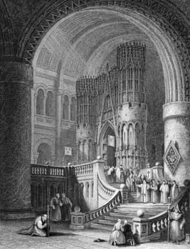 Monks returning from high mass on engraving from 1850. Engraved from a drawing by D.Roberts and published by the London printing and publishing company limited.