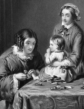 Mother trying new shoes to her child on engraving from 1866. Engraved by H.Bourne after a painting by W.P.Frith.