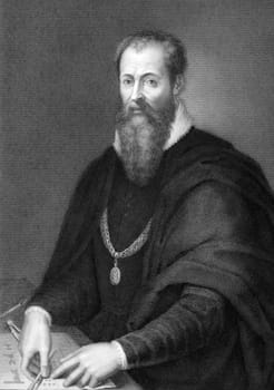 Giorgio Vasari (1511-1574) on engraving from 1841. Italian painter, writer, historian, and architect, who is famous today for his biographies of Italian artists, considered the ideological foundation of art-historical writing. Engraved by J.Andrews from a drawing by A.Mazzanti after a painting by Giorgio Vasari.