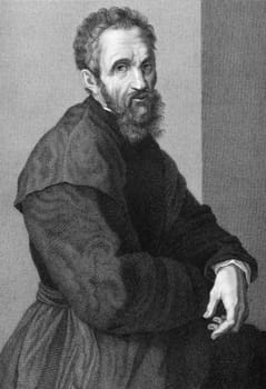 Michelangelo (1475-1564) on copper engraving from 1841. Italian Renaissance painter, sculptor, architect, poet and engineer. Engraved by G.P.Lorenzi from a drawing by A.Tricca after a self portrait by Michelangelo.