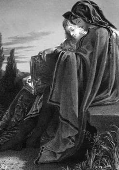 Paolo and Francesca Da Rimini on engraving from 1878. Engraved by R.Graves after a painting by Noel Paton and published in London by Virtue &amp  Co.