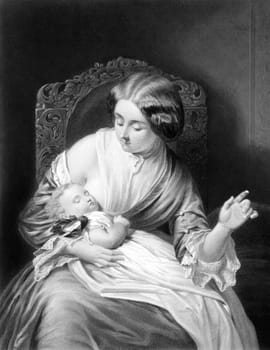 Mother and her sleeping child on engraving from 1883. Engraved by J.Franck after a painting by J.H.S.Mann.