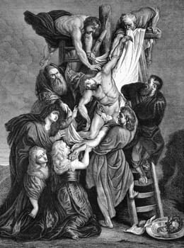 The descent of Jesus from the cross on engraving from 1840. Engraved after a painting by Rubens.