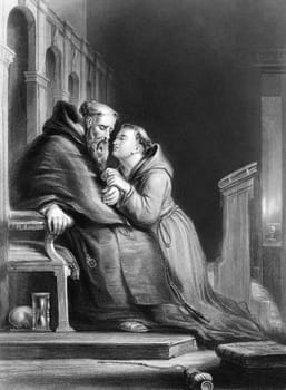 The confession on engraving from 1870. Engraved by T.W.Knight after a painting by D.Wilkie.
