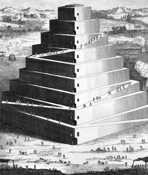 The Tower of Babel on engraving from 1733. Engraved by Isaac Basire.