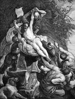 The Crucifixion of Jesus on engraving from 1840. Drawn by F.Felsing after a painting by Rubens and engraved by J.Klaus.