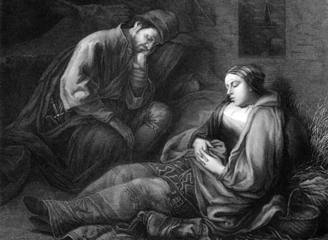 Weary travelers on engraving from 1875. Engraved by Mauduit after a painting by Rembrandt.