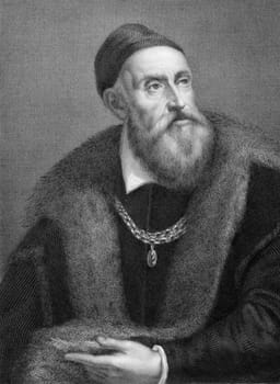 Titian (1473/1490-1576) on copper engraving from 1841. Italian painter, leader of 16th century Venetian school of Italian Renaissance. Engraved by G.Fusinati from a drawing by G.Tubino after a self portait by Titian.