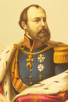 William III of the Netherlands (1817-1890) on engraving from 1868. King of the Netherlands and Grand Duke of Luxembourg during 1849-1890 and Duke of Limburg until the abolition of the Duchy in 1866. Chromolithographed plate by O.Erelman finished by hand a