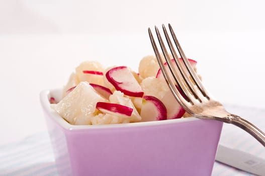 Cauliflower salad with radishes in pink bowl