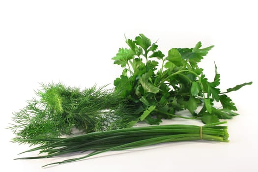 Various kitchen herbs against white background