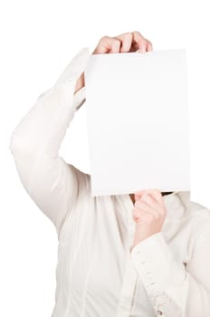 Face of a mature woman covered by small canvas as an upper body portrait