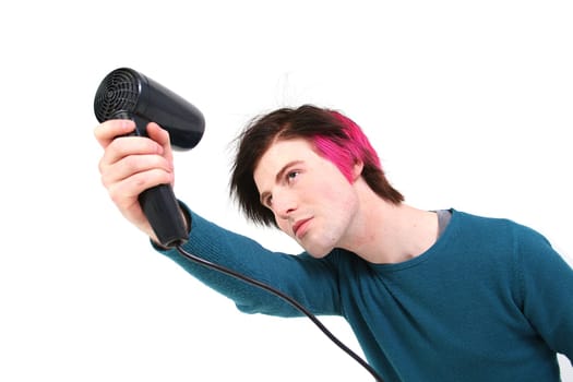 Groom hair, male teenager blow dry hair try to style it. man isolated on white grooming his hair
