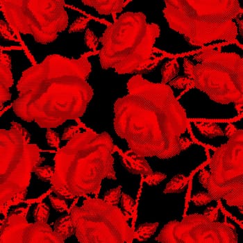 Halftone roses background design with stylized red roses isolated over white background