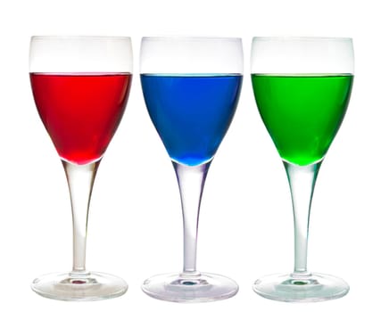 Three glasses with liqueur, cherry, laraha citrus and apple, isolated