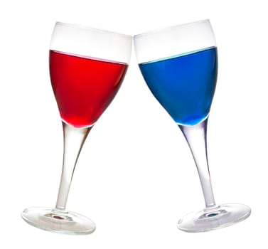 Blue and red liqueur glasses, drink, isolated on white background