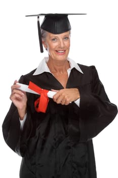 Studio shot of an active senior woman with a college degree