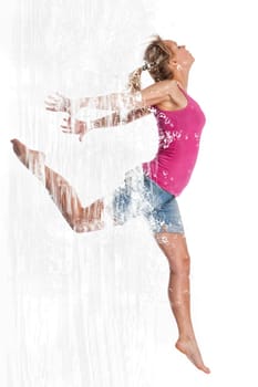 Young woman jumping in front of light background