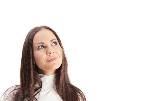 portrait of cheerful young adult girl looking up