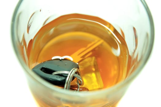 whiskey with keys inside glass on white background depicting drunk driving and addictions can kill