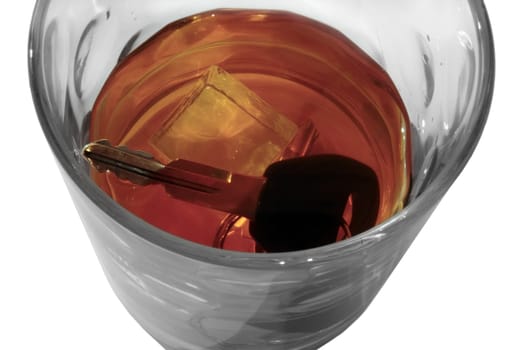 whiskey with keys inside glass on white background depicting drunk driving and addictions can kill