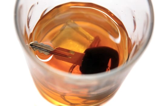 whiskey with keys inside glass on white background depicting drunk driving and addictions can kill