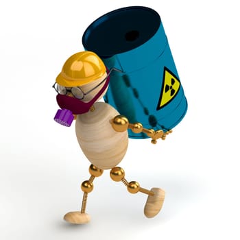 3d wood man with a radioactive waste isolated