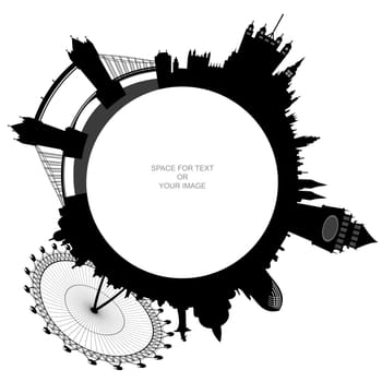 Illustration of the London skyline - Big Ben, London Eye, Tower Bridge, Westminster - space for text