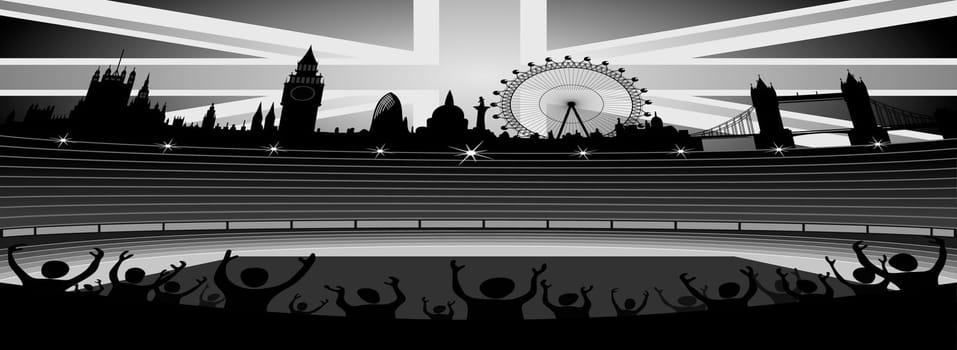 Illustration of the stadium with the London skyline on the horizon - London city - organizer of the Olympic Games