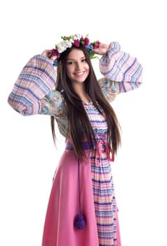 Beauty girl with garland in oriental russian costume isolated
