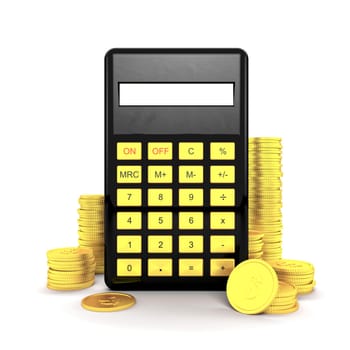 Black calculator with golden dollar coins isolated on a white background