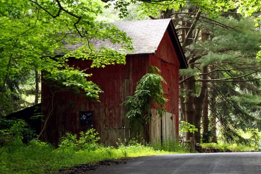 A Red Barn near a road