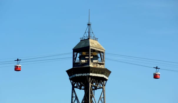 Two red funiculars going to the tower by beautiful weather, Barcelona, Spain