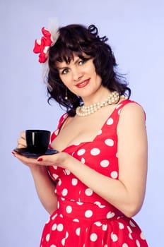 woman pin-up in red dress  on blue background