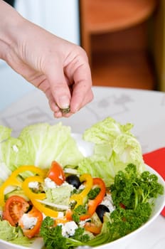 Preparation of vegetarian salad from fresh vegetables