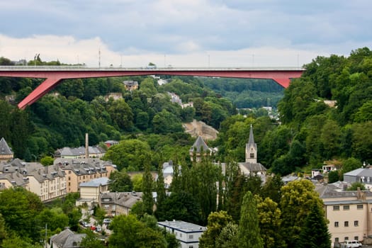 Luxembourg city view with part of old city and new bridge Grand Duchess Charlotte Bridge