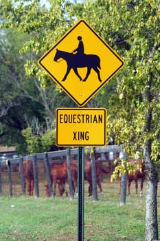 Equestrian horse crossing sign with horses