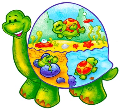 a digitally illustrated cute and colorful turtle