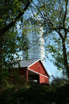 A Red Barn and silo through trees