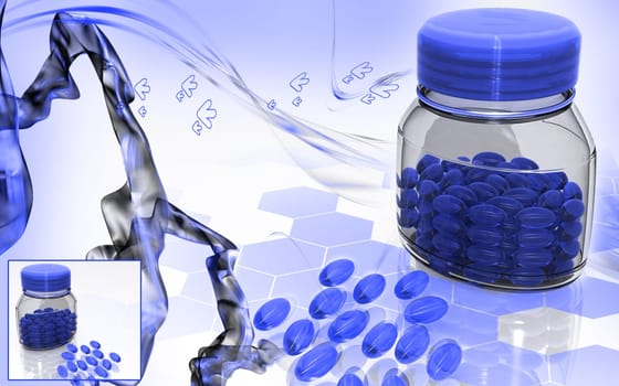Digital illustration of capsule bottle in colour background