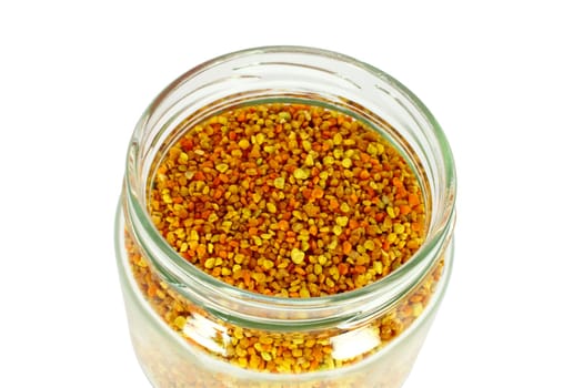 Bee pollen in glass jar isolated on white